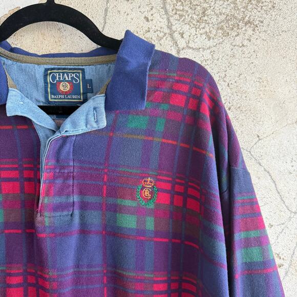 Ralph Lauren Chaps Plaid Shirt Vintage 90s Long Sleeve Polo Mens L Preppy Retro - Picture 2 of 7